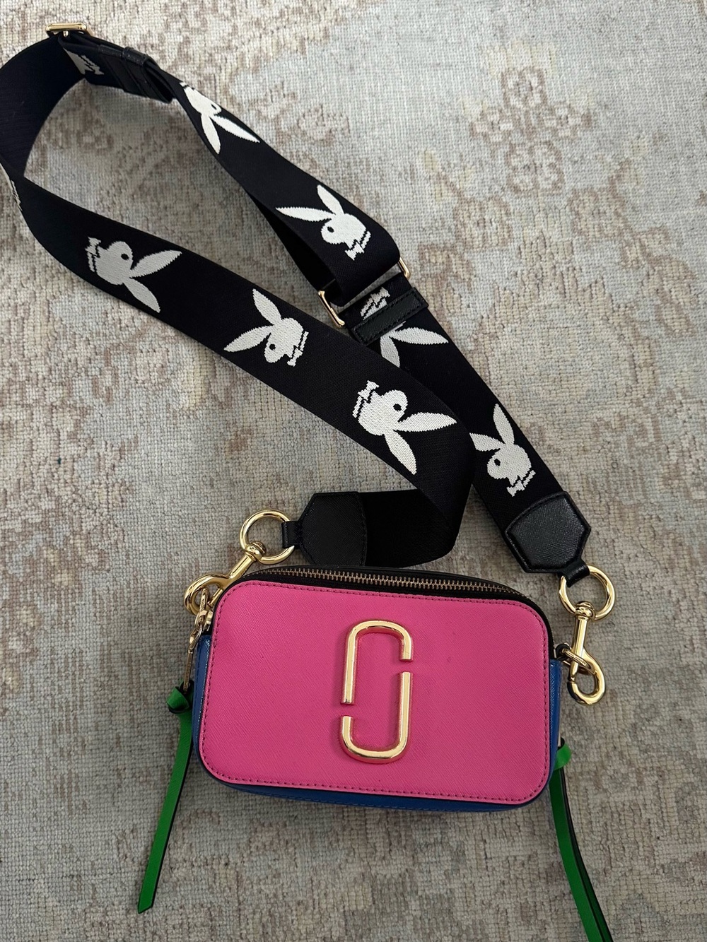 RARE Marc Jacobs Pink and Green Snapshot Camera Bag with Playboy Strap